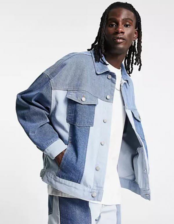 Jaket denim oversized dengan patchwork potongan bahan jeans